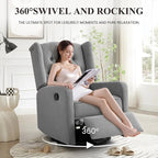 360 Swivel Rocker Recliner Chair for Adults, Nursery Chair for Small Spaces Living Room, Upholstered Fabric Glider Recliner, Pigeon Grey