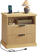 VASAGLE MAXE Collection - Nightstand with Charging Station, Fluted Night Stand, Bedside Table, Mid Century Modern Side End Table, 2 Drawers, 2 AC Outlets, 2 USB Ports, Oak Beige ULET626Y01S
