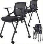 8 Pack Stackable Conference Room Chairs with Paddle Folding Office Chair Foldable Desk Chair Mesh Back and Arms for Conference Meeting Guest Reception Home Office Training Room Chair Black