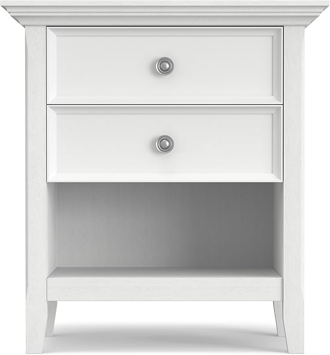 SIMPLIHOME Amherst Bedside Table - 24 inch Wide Solid Wood Nightstand Table in White, Transitional Bedroom Side or End Table with 2 Drawers, Open Storage Shelf and Bronze Hardware