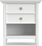 SIMPLIHOME Amherst Bedside Table - 24 inch Wide Solid Wood Nightstand Table in White, Transitional Bedroom Side or End Table with 2 Drawers, Open Storage Shelf and Bronze Hardware