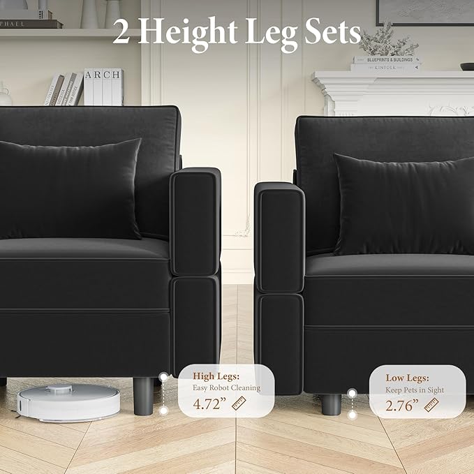 Vesgantti Sectional Sleeper Sofas with Storage, 118" Sofa Bed with 8 Seats Storage Chaises Removeble Cover, Deep Seat Modular Couches Velvet Couch Set for Living Room, Apartment, Home Theatre, Black