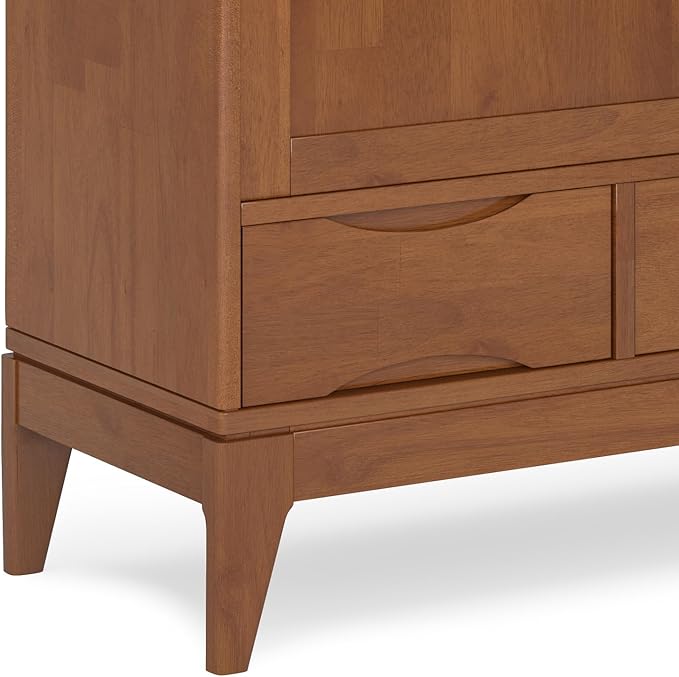SIMPLIHOME Harper Medium Storage Cabinet - 48 inch Wide Solid Hardwood Sliding Door Cabinet in Teak Brown, Mid-Century Modern Cupboard for Living Room or Entryway with 3 Drawers and Tapered Legs