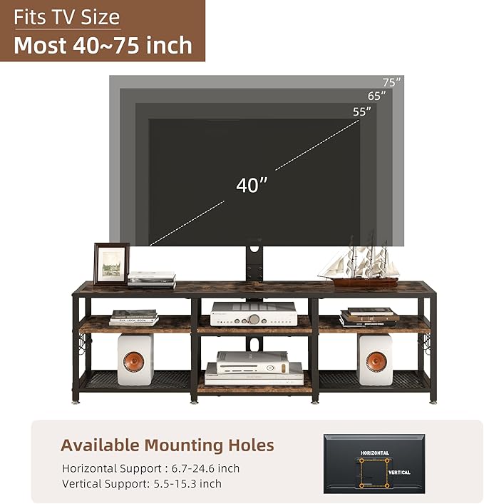VECELO 63" TV Stand with Mount and Power Outlets, Entertainment Center Console with Open Storage Shelves, Height Adjustable Mount up to 75”, Wooden Table and Metal Frame for Living Room, Rustic Brown