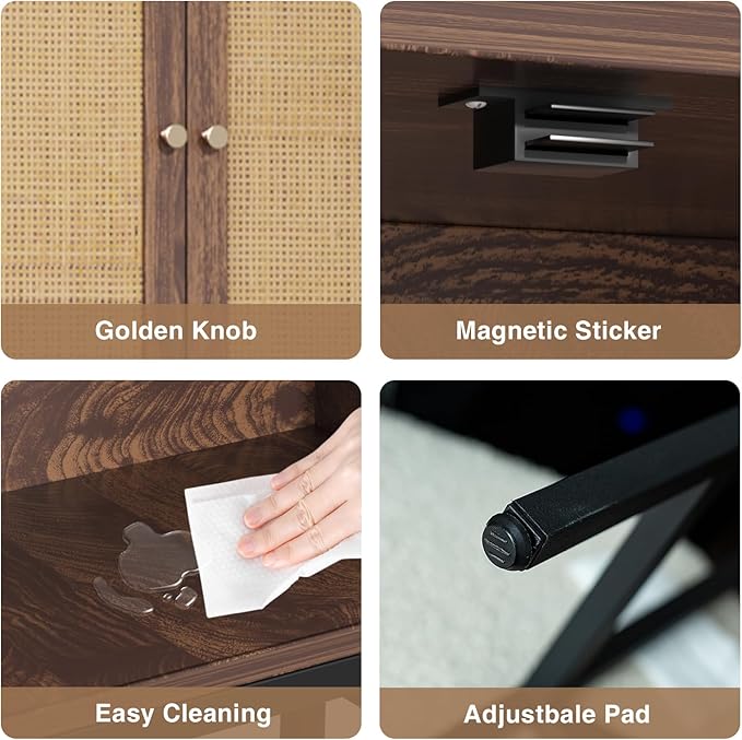 Rattan Toilet Storage Cabinet, Over The Rack Wood Cabinet with Metal Stand, Bathroom Organizer with Adjustable Shelf, Space Saving Cupboard for Small Bathrooms, Washer Shelf, Dark Brown