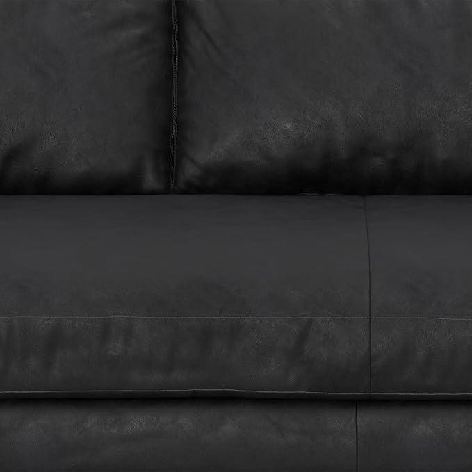 SIMPLIHOME Morrison 89-inch Wide Sofa in Lead Black Genuine Leather, Mid-Century Modern Design Couch for Living Room, Single Bench Cushion, 2 Back Cushions, 2 Bolster Pillows