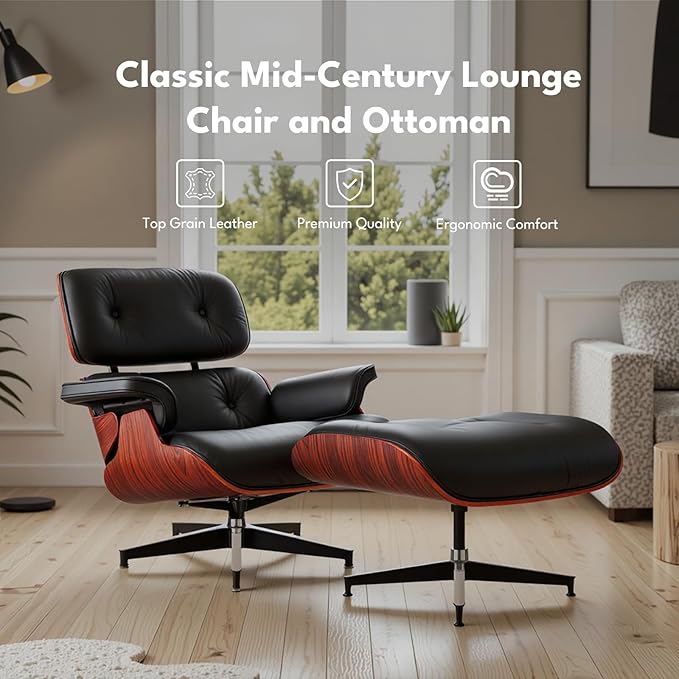 Top Black Grain Leather, Mid Century Chaise Lounge Chair and Ottoman, Modern Chair Classic Design, Heavy Duty Base Support for Living Room Study Lounge Office, Darkrosewood, Heightening