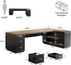 Tribesigns 85.8-Inch L-Shaped Executive Desk with File Drawers, Door Cabinet & Shelves, Extra Large Commercial Office Desk, Modern Professional Office Table, Business Furniture, Warm Brown & Black