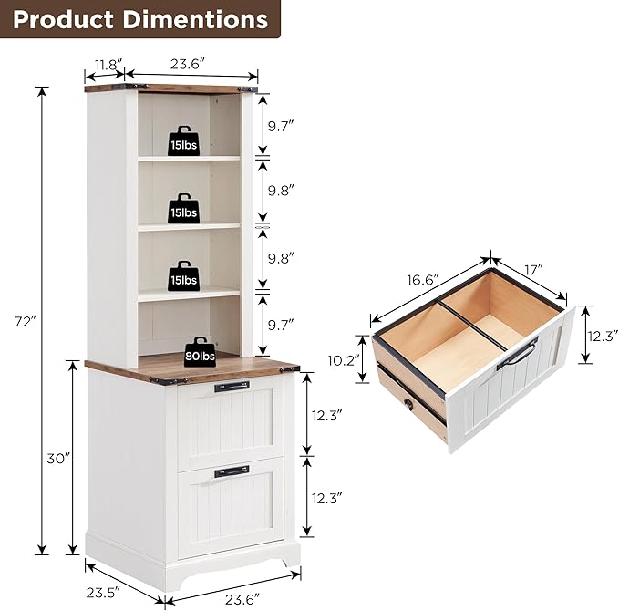 RedLemon Bookcase with 2 File Drawers, 72" Tall Farmhouse Bookshelf with Storage and Adjustable Shelves, 4 Tier Rustic Wood Bookshelf with Cabinet for Home Office, Living Room (Antique White)