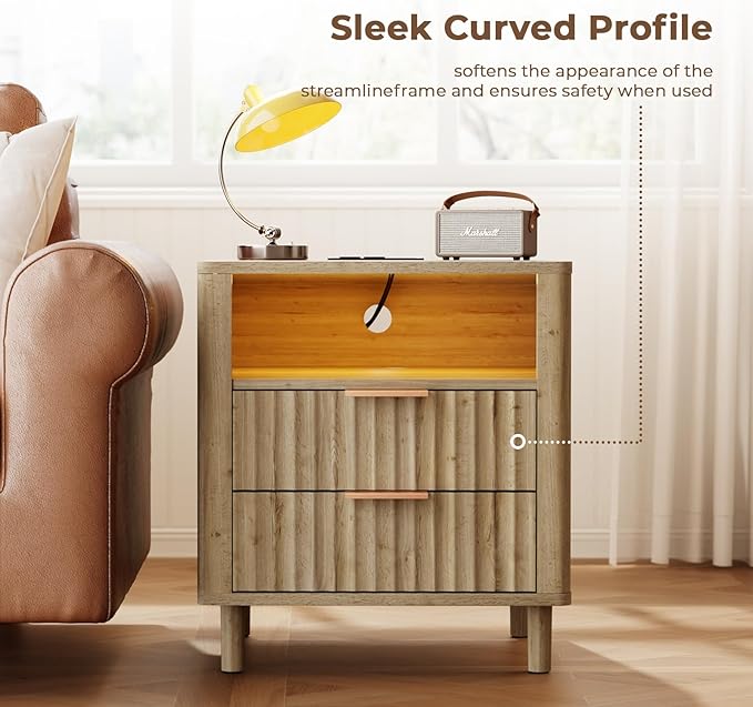 Fluted Nightstand with Charging Station, 2 Drawers Storage Bedside Table, Solid Wood Modern Nightstand with Open Shelf, Curved Profile Design, End Table for Indoor Room Bedroom Office, Oak