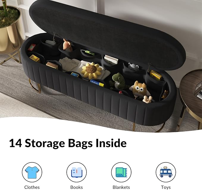 EcoHarbor Living 55.5" Storage Bench Ottoman End of Bed Bench Bedroom Bench, Upholstered Velvet Long Window Bench Large King Size with Gold Legs, Flipping Lid Entryway Footrest (Black)