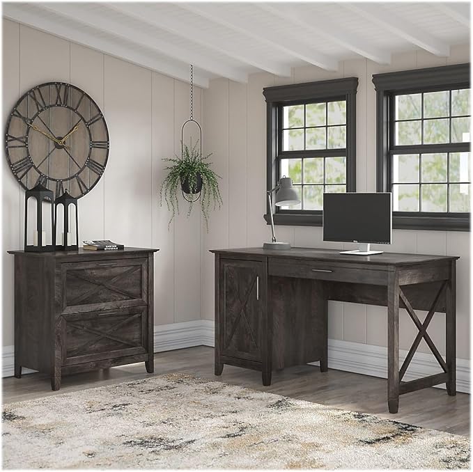 Bush Furniture Key West 54W Computer Desk with Storage and 2 Drawer Lateral File Cabinet in Dark Gray Hickory