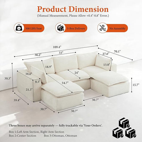 108" Sectional Couches for Living Room Boneless Couch Upholstered Cloud Couch Sectional Modular Sectional Sofa with L Shaped (Corduroy-White, 3 Seat+2 Ottoman)