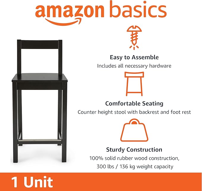 Amazon Basics Wooden Bar Stool with Backrest 24", Black, 1 Unit