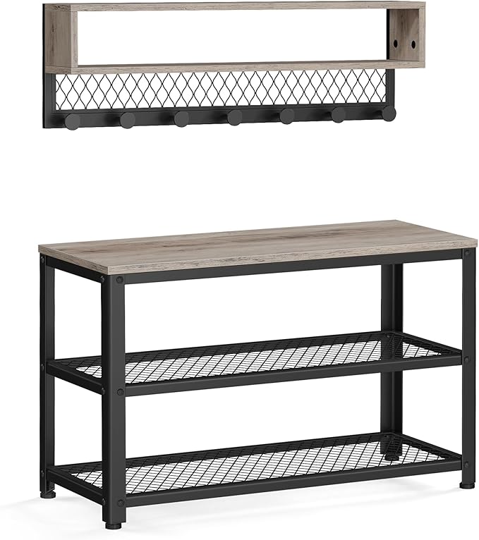 VASAGLE Coat Rack Shoe Bench Set, Hall Tree with Bench, Entryway Furniture, Multifunctional, Dot Coat Hooks, 2-Tier Shoe Rack, Industrial Style, for Entryway, Hallway, Heather Greige ULCR073K02