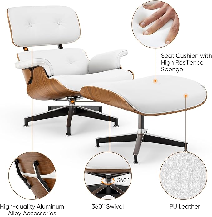 Top White PU Leather, Mid Century Chaise Lounge Chair and Ottoman, Modern Chair Classic Design, Walnut Wood, Heavy Duty Base Support for Living Room Office