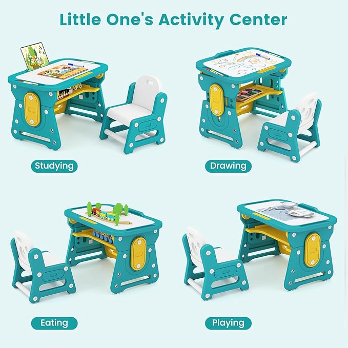 INFANS Kids Adjustable Table & Chair Set with Drawing Board for 3+, Toddler Activity Desk for Drawing with Storage Shelf, Non-Slip Pads, Watercolor Pens & Eraser, Indoor Art/Study Furniture (Green)