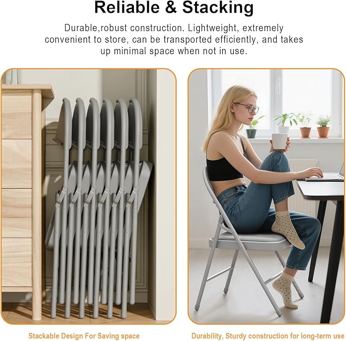 24 Pack Gray Folding Chairs with Padded Cushion for Outside, Portable Stackable Commercial Metal Foldable Chairs with Steel Frame for Home Events Office Wedding Party, 350lbs Capacity