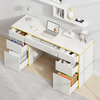 58 Inch White Desk with 7 Drawers, White and Gold Computer Desk with File Drawers for Bedroom, Home Office Desk for Study, Living Room