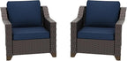 Patio 2 Pieces Wicker Chairs Set of 2，Outdoor PE Rattan Armchairs, Water-Resistant Cushions with Removable and Washable Covers, Porch, Balcony, Sunroom (Navy Blue)