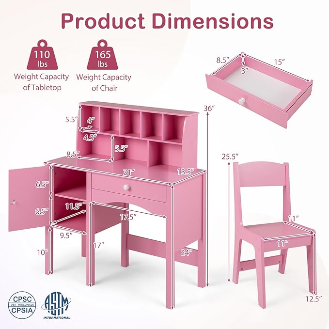 Costzon Kids Desk and Chair Set, Wooden Children Study Desk w/Hutch, Large Cabinet and Drawer for Home School Writing, Reading & Drawing, Computer Workstation Student Table and Chair for 3+ (Pink)
