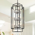 High Ceiling Entryway Chandelier: 12-Light Farmhouse Lantern Chandelier, Industrial Large Pendant Light Fixtures, Foyer Chandeliers for High Ceilings, for Entry, Staircase, Hallway (Black & Silver)