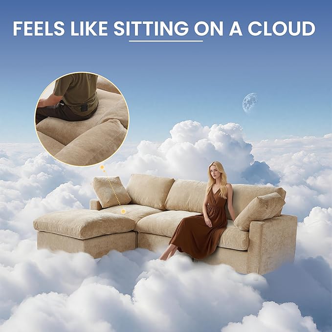 WJShome Modular Sectional Cloud Couch Modern L Shaped Sofa with Ottoman, 100 Inch 3-Seat Chenille Deep Seat Couches for Living Room, Bedroom and Apartment，Khaki