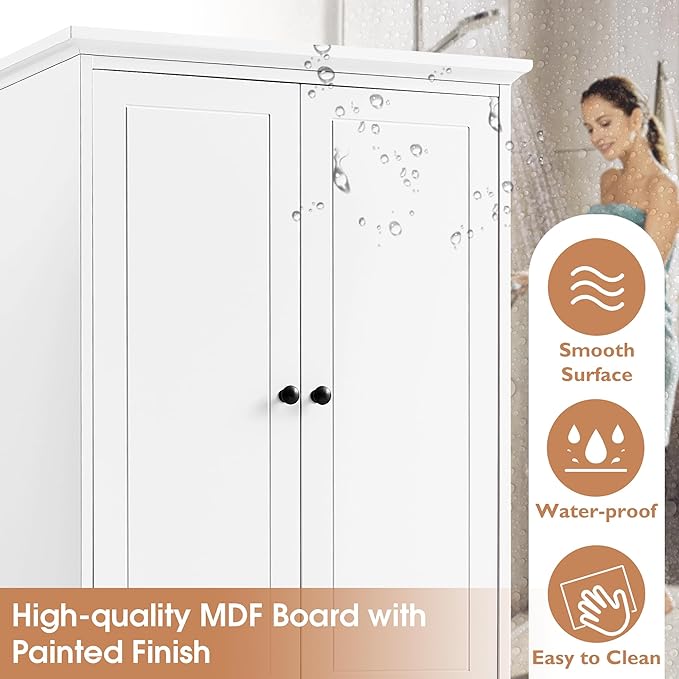 P PURLOVE Bathroom Storage Cabinet with 2 Doors and 4 Drawers,Tall Bathroom Cabinet Standing,Wood Freestanding Bathroom Cabinet for Kitchen,Living Room,White