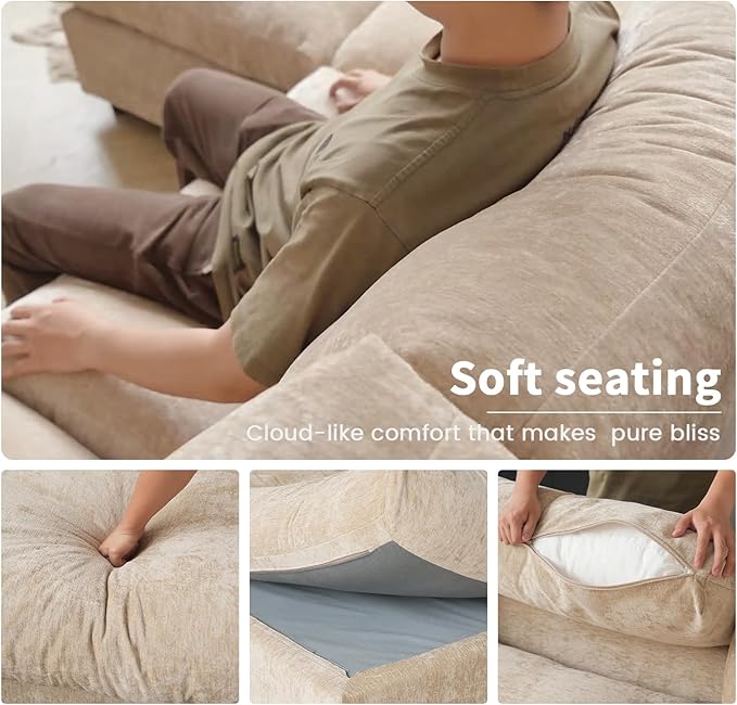 WJShome Cloud Couch Modular Sectional Sofa, 134" U Shaped Couch for Livingroom, Oversized Convertible Wide Seater with 2 Ottomans Living Room Set, Covers Washable&Replaceable,Khkai