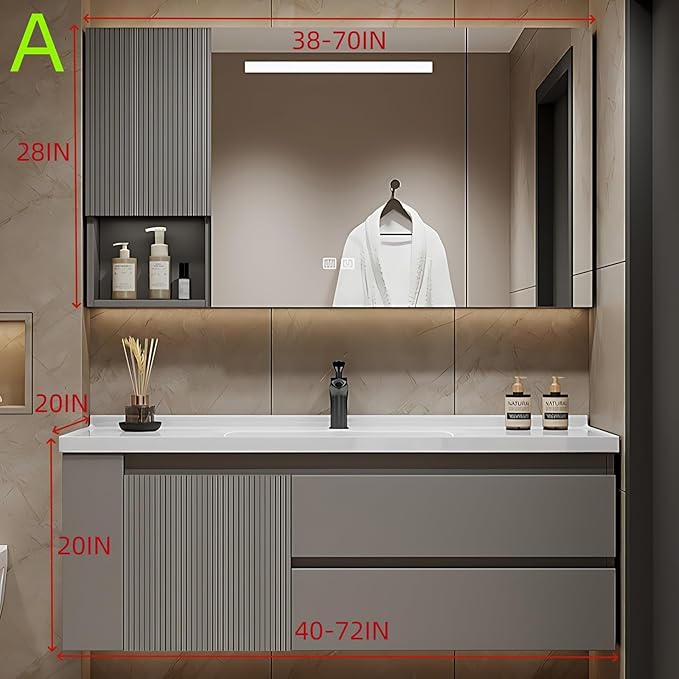 44IN Suspended Bathroom Cabinet Combo Set - Fully Functional LED Mirror with Smart Defogging & Time Display | Bathroom Vanity with Sink,Side Cabinet Storage Compartment (Style A)