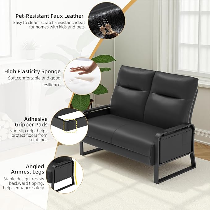 Faux Leather Loveseat Couch for Living Room Bedroom Office, Small Sofa 2 Seater Couch with Flip Up Tray Table Side Pockets Leather Loveseats, Black