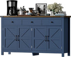 63" Sideboard Buffet Cabinet with Storage, Coffee Bar with 3 Drawers and 4 Barn Doors, Long Wider Storage Cabinet Modern Farmhouse, Blue Wood, for Kitchen, Dining Room, Living Room