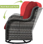 HUMMUH 3-Piece Swivel Rocking Rattan Chair Outdoor, Patio Bistro Furniture Conversation Set, Cushioned Wicker Chair with Glass Coffee Table(Grey, Red)