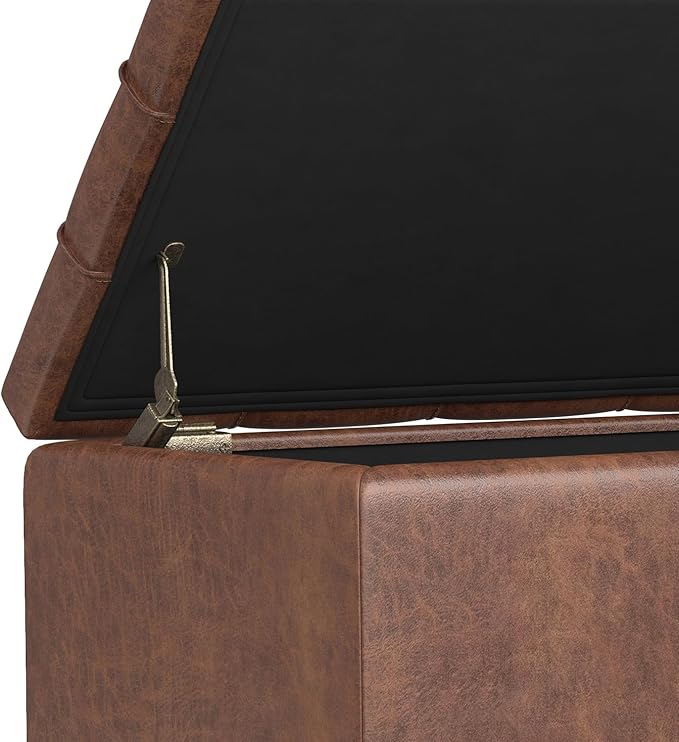 SIMPLIHOME Sienna 33 inch Wide Transitional Rectangle Storage Ottoman Bench in Distressed Saddle Brown Vegan Faux Leather, Assembled, for The Living Room, Entryway and Family Room