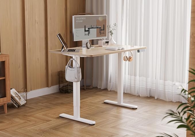 YDN Electric Standing Desk Adjustable Height, 40 x 24 Inches Stand up Desk with Cable Management, Home Office Desks with Splice Board & White Frame, Nature Top