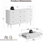 RECCI Fluted 6 Drawers Dresser for Bedroom, 54" Wide Chest of Drawers with 3D Fluted Panel, Faux Marble Top, Solid Wooden Legs, Storage Drawers, TV Stand, Closet Chests for Bedroom, White