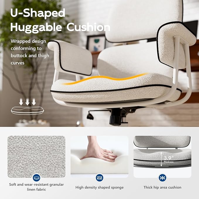 Fabric Office Chair with Granular Linen, Mid Back Vintage Desk Chair with Wheels and Wide Arms, Mid Century Modern Home Office Desk Chairs with Molded Cotton Seat Cushion, Adjustable Height, White