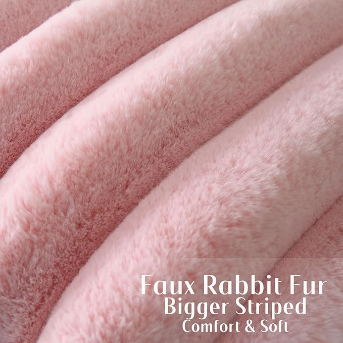 FUTEI Pink Decorative Throw Pillow Covers 18x18 Inch Set of 2, Square Soft Faux Rabbit Fur Thick Striped Cushion Cover,Winter Home Decor for Couch Bed Living Room