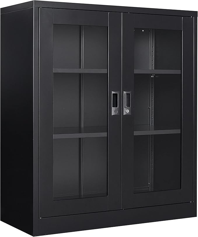 SISESOL Black Metal Storage Cabinet with Doors and Shelves,36 inch Locking Display Cabinet with Acrylic Doors,Office Cabinets with Lock,Sideboard Cabinets for Home Office,Living/Dining/Utility Room,