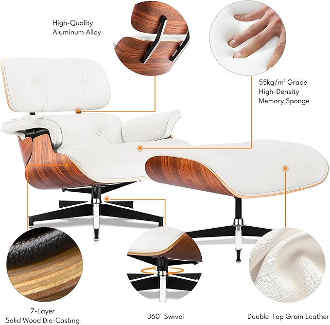 Top Grain Leather, Mid Century Chaise Lounge Chair and Ottoman, Modern Chair Classic Design, Heavy Duty Base Support for Living Room Study Lounge Office, Palisander-White