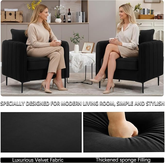 Velvet Accent Chair Set of 2, Comfy Upholstered Single Sofa Chair Mid-Century Modern Armchair with Thick Cushion and Wood Frame Side Chair for Living Room Bedroom Apartment (Black)