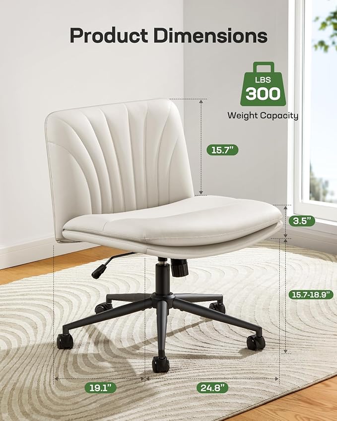 Marsail Armless-Office Desk Chair with Wheels: PU Leather Cross Legged Wide Chair,Comfortable Adjustable Swivel Computer Task Chairs for Home,Office,Make Up,Small Space,Bed Room(Light Beige)