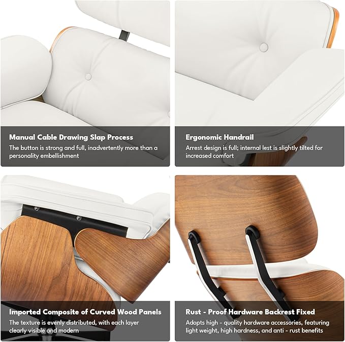 Top Grain Leather, Mid Century Chaise Lounge Chair and Ottoman, Reading Chair, Accent Lounge Chair, Modern Chair, Classic Design, Heavy Duty Base Support for Living Room Lounge Office, Walnut-White