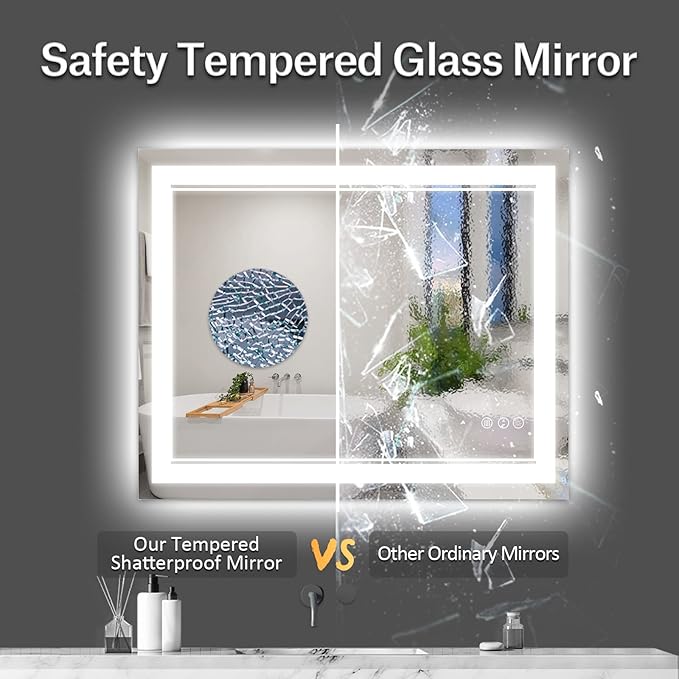 44x36 Inch LED Bathroom Mirror with Lights, Front Light and Backlit Lighted Vanity Mirror, Anti-Fog, Dimmable Memory, Shatterproof, Wall-Mounted