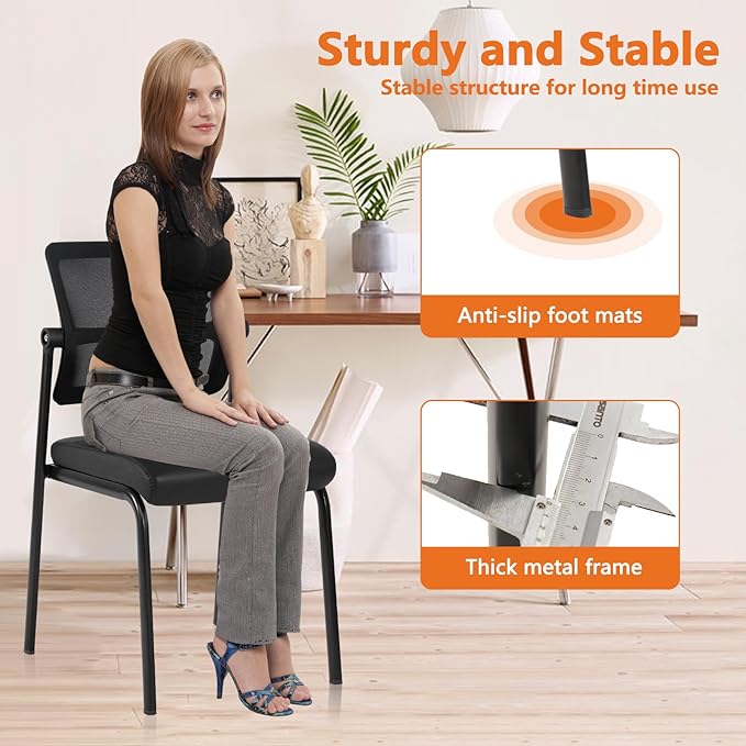 CLATINA Stackable Waiting Room Chair with Adjustable Mesh Backrest, Armless Office Guest Reception Chairs with Leather Cushion and Ergonomic Lumbar Support for Conference Lobby Side School, 8PK, Black