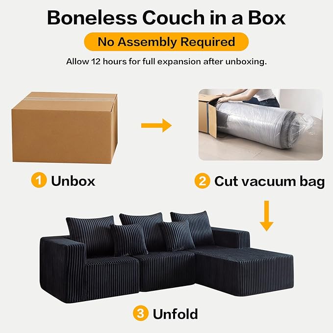 101" Boneless Couches for Living Room, Cloud Couch Sectional with Oversized Chaise, Modular Sectional Sofa Memory Foam Couch in a Box, Fluffy Corduroy Sofa for Living Room (Black)