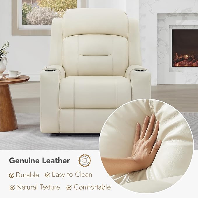 Watson & Whitely Genuine Leather Power Recliner Chairs for Adults, Lay Flat Recliner with Power Headrest, USB Ports and Cup Holders, Electric Reclining Sofa for Living Room, Bedroom, Cream