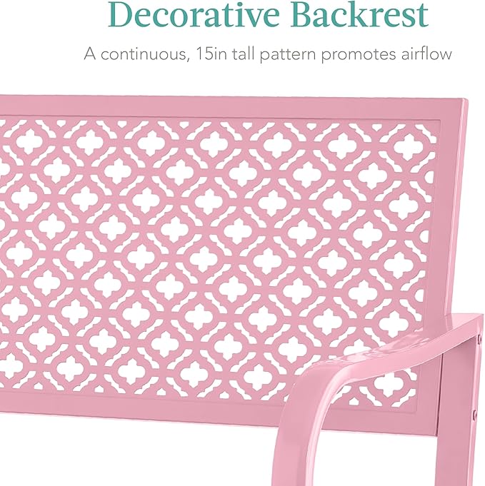 Best Choice Products Outdoor Bench 2-Person Metal Steel Benches Furniture for Garden, Patio, Porch, Entryway w/Geometric Backrest, 790lb Capacity - Pink
