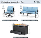 PHI VILLA 4 Piece Patio Furniture with Metal FirePit Table, 1 x 3-Seat Wide Deep Seating Bench & 2 x Swivel Sofa Chairs, 5.75" Thick Cushioned Outdoor Conversation Set for 5, Light Blue