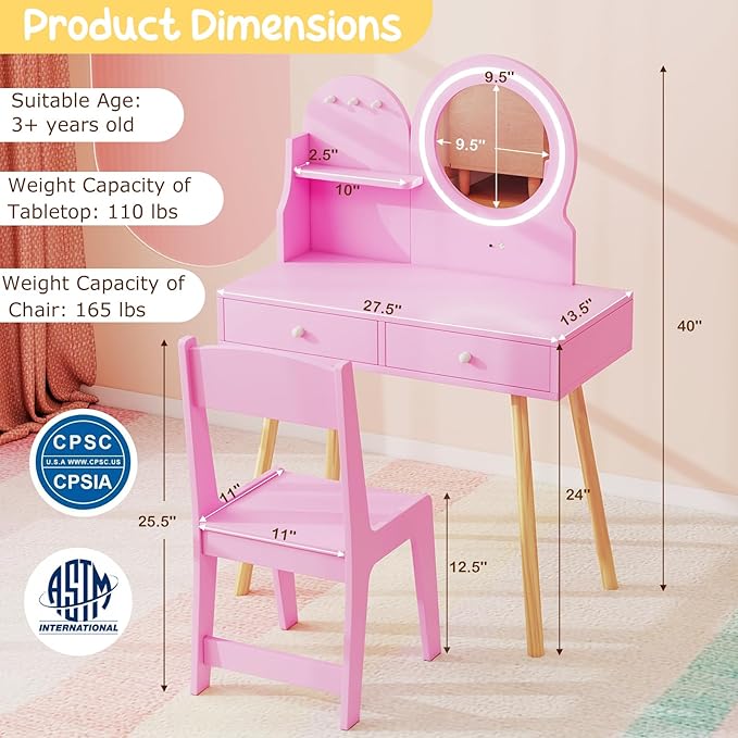 Costzon Kids Vanity, Girls Vanity Set with Mirror and Stool and Lights, Drawers, Storage Shelf & Hooks, 2 in 1 Makeup Desk Dressing Table, Kids Vanity Table and Chair Set (Pink)